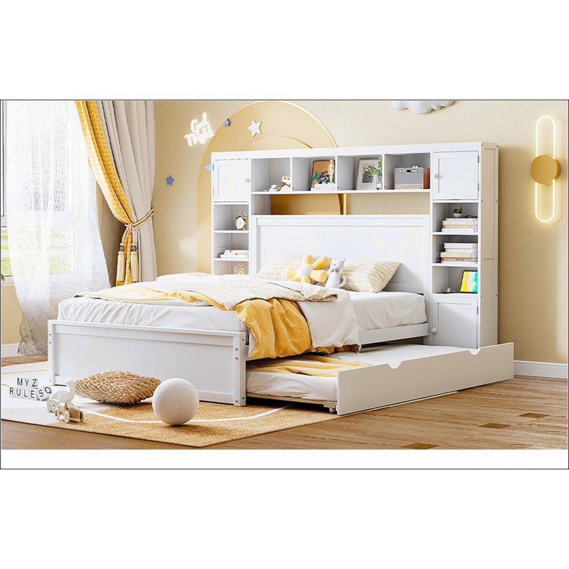 Grand lit en bois avec armoire, tablette et prises tout-en-un, Blanc