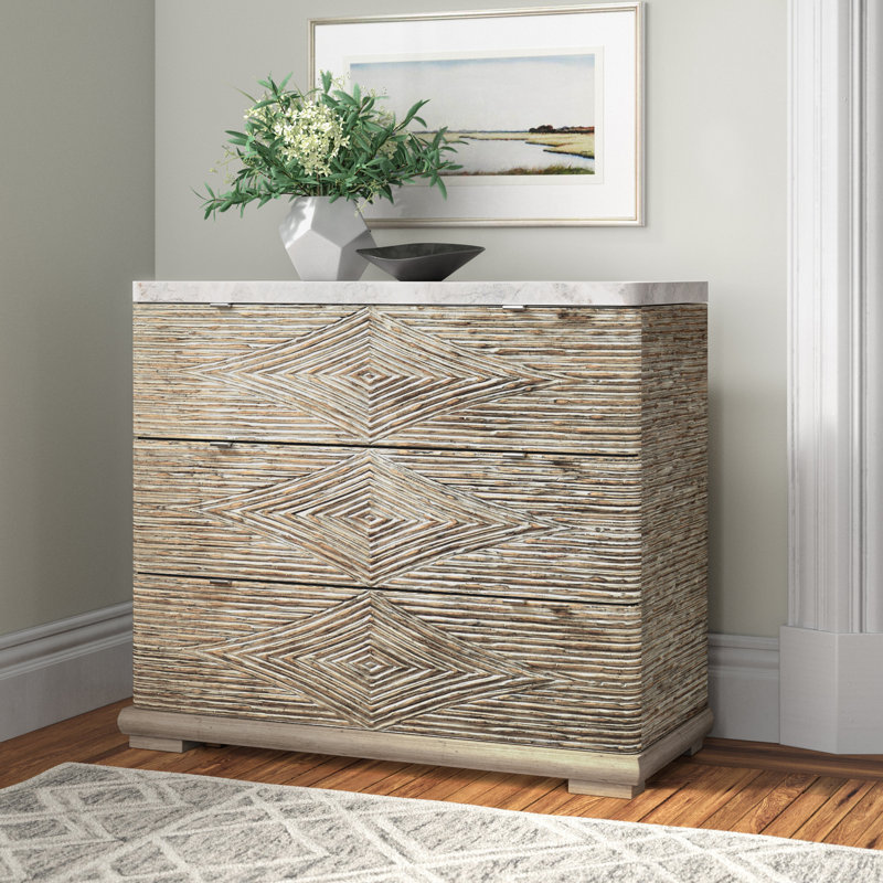 Gray and Light Wood 3-Drawer Dresser with Marble Top