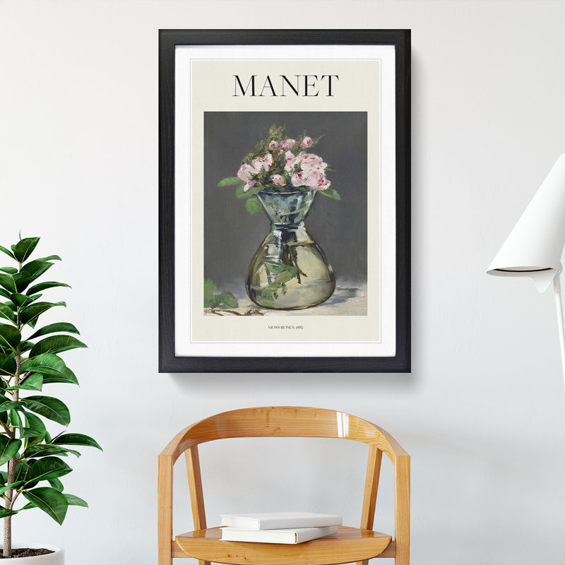Moss Roses in a Vase by Edouard Manet - Picture Frame Painting, 65cm H x 48cm W x 2cm D, Black