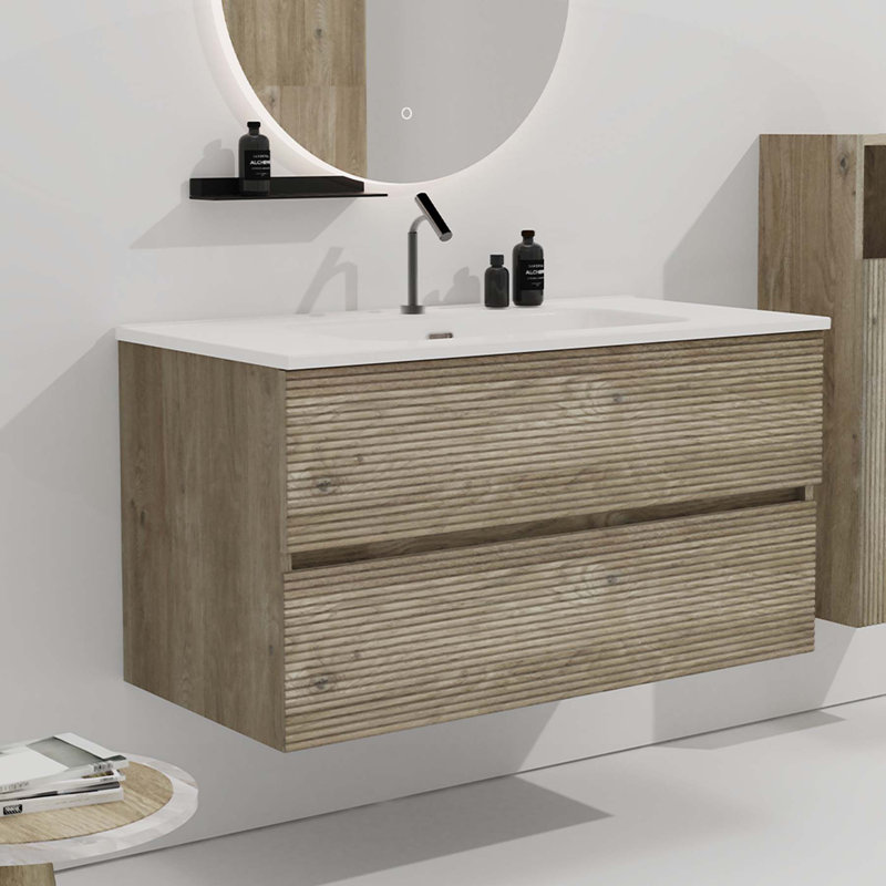 Meuble-lavabo moderne avec lavabo intégré et rangement abondant, Chêne