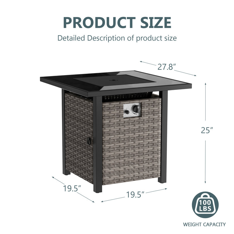 28 Inch Square Outdoor Propane Gas Fire Pit Table, Gray