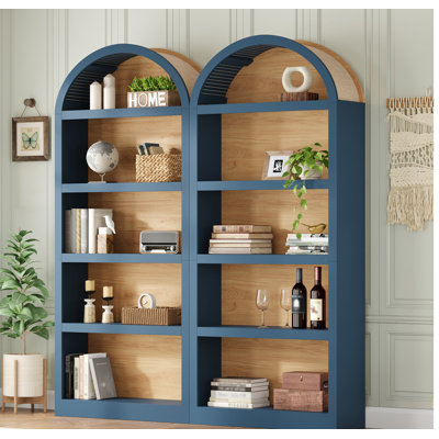 Ensemble de 2 grandes bibliothèques autoportantes, armoire de rangement ouverte bicolore avec plateau arqué en tissu, bibliothèque à 5 niveaux pour le salon, la chambre à coucher, le bureau personnel, bleu