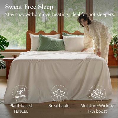 Drap double - Draps de luxe en coton Tencel Eucalyptus à poche profonde, ensemble de literie pour hôtel 4 pièces doux et respirant, 1 drap-housse et 1 drap plat et taies d'oreiller