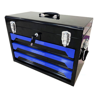 20'' 3 Steel Toolbox With Tool Kit, Bearing Slide, Key Lock Functionality, Top Storage Bin, Carry Handle, For Garage, Household, Workbench, Black&Blue 3 Drawers And , Slides, Locking Feature, Tray,