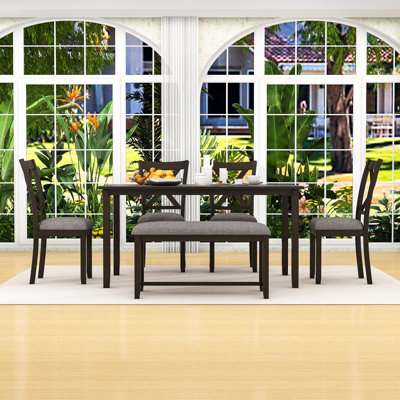 6-Pcs Wood Dining Set with Upholstered Chairs and Bench for Living Room