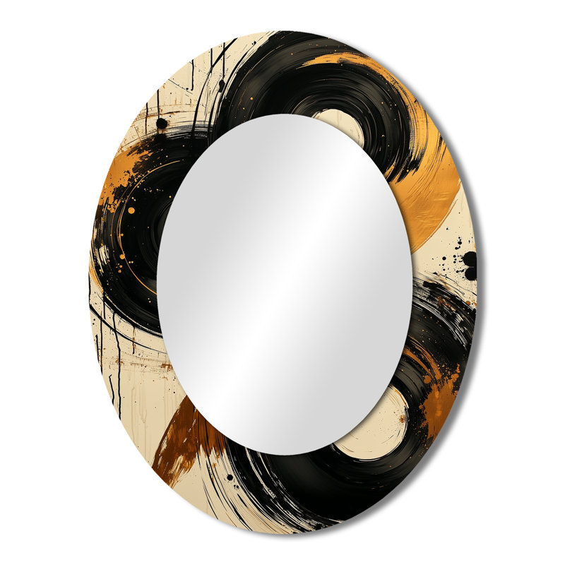 Noir et or The Art of Circle Chaos I - Miroir décoratif ovale abstrait sur métal, 43 po x 33 po