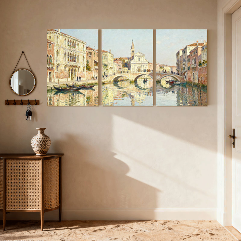 Scénario et paysages urbains, pont sur le canal de Venise, reflet de bâtiments de gondoles, ensemble de 3 toiles murales