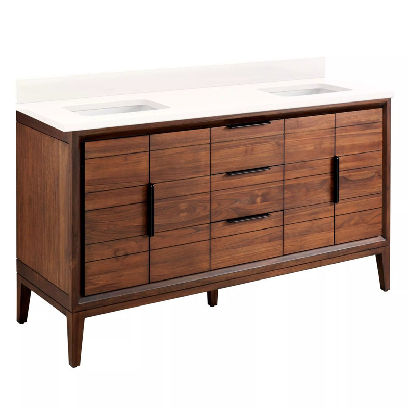 Meuble-lavabo double 60 po Aliso, Quartz blanc arctique, Aucun trou de robinet, Café