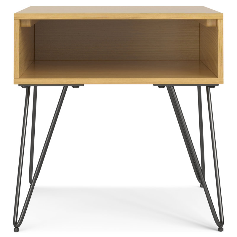 Hunter 22 Inch Oak Veneer Industrial End Table with Metal Hairpin Legs
