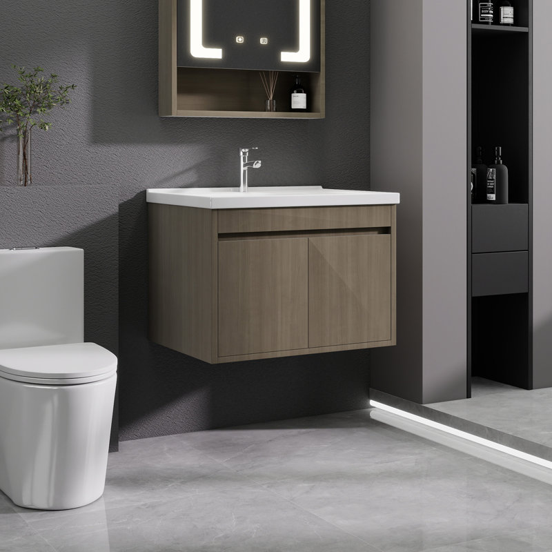 Meuble-lavabo compact compact avec évier en céramique, finition noyer brun