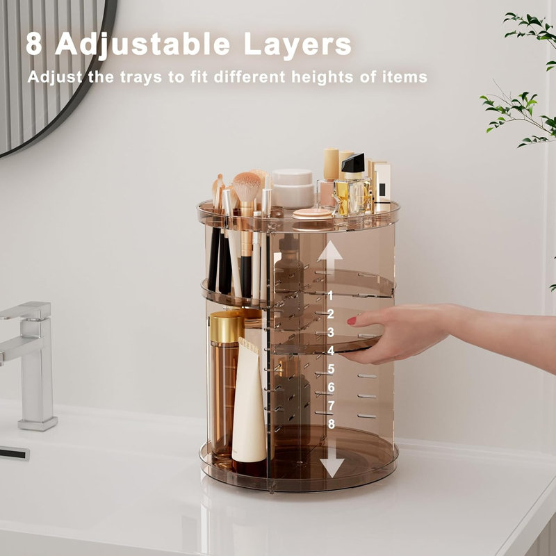 Organisateur de maquillage rotatif, rangement de soins de la peau rotatif à 8 niveaux ajustables, présentoir cosmétique avec porte-pinceaux et plateau de parfum, couleur café transparent