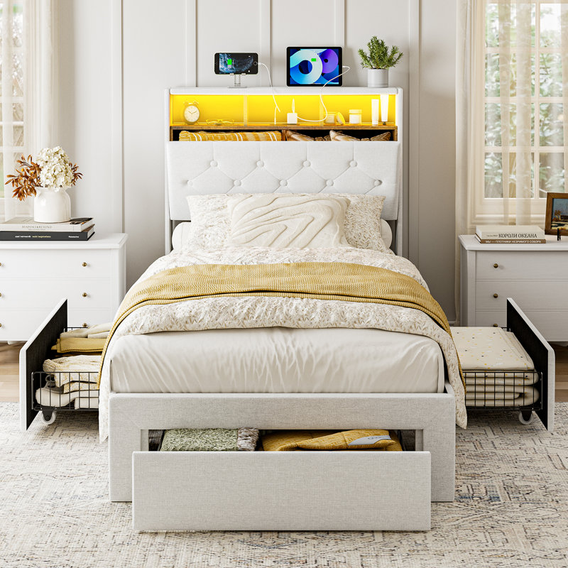Twin Xl Bed Frames With Storage Drawers, Hidden Storage Headboard With Led Lights & Charging Station, Upholstered Twin Xl Platform Bed, Solid Wood Slats, No Box Spring Needed