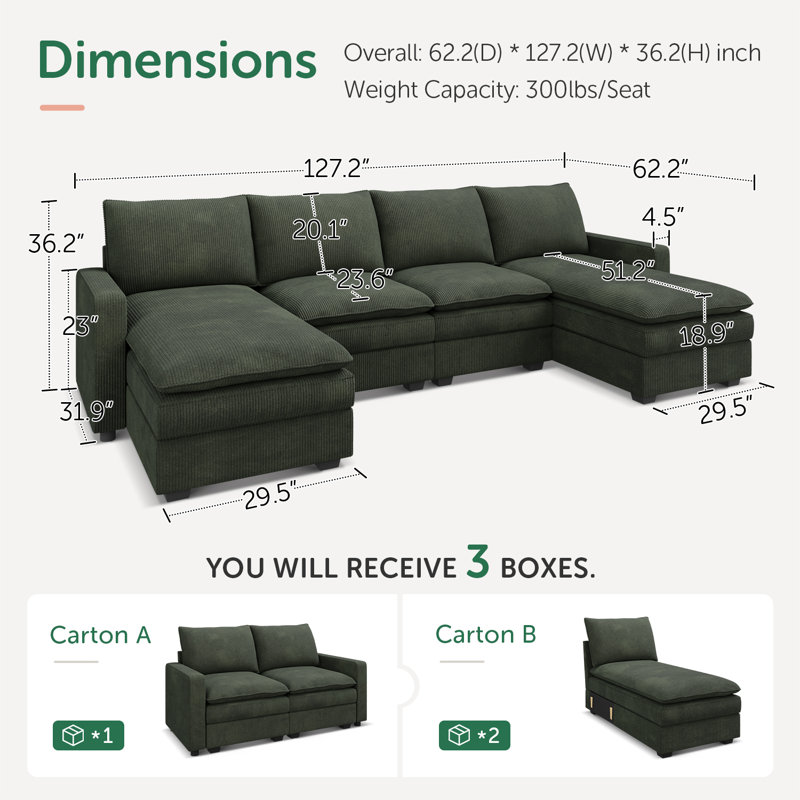 Abramson U-Shaped Corduroy Upholstered Sectional Comfy Cloud Couch, Green Corduroy
