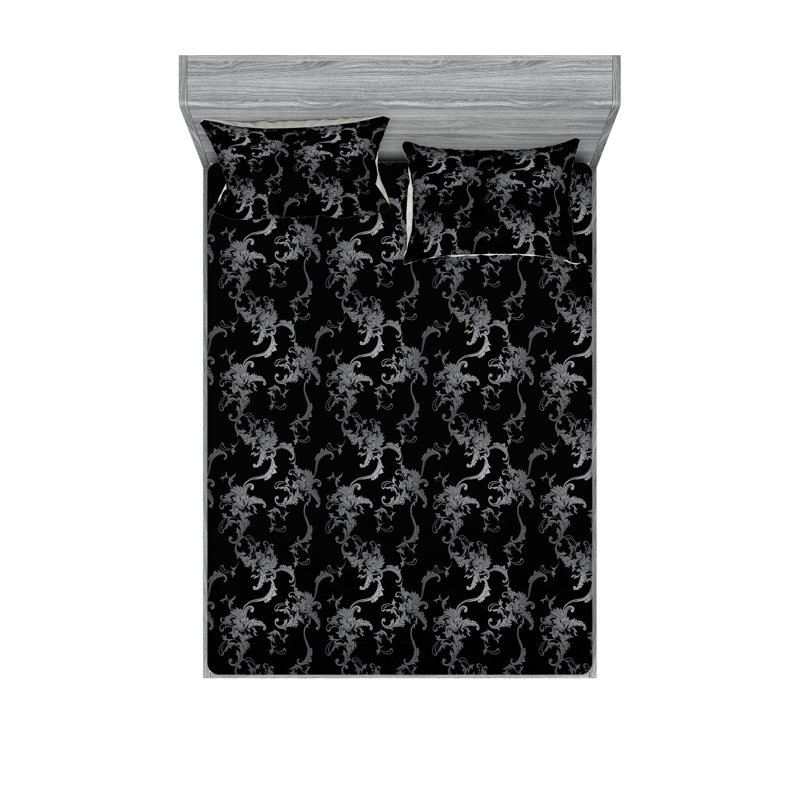 Ambesonne Fitted Sheet & Shams, Gray/Black/Charcoal Gray Flower, King Sheet Set with 2 Pillowcases