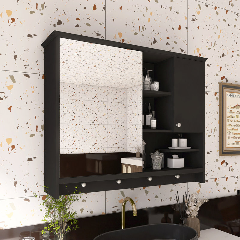 Armoire à pharmacie murale avec porte miroir et tablette réglable, Noir, noir, noir, noir
