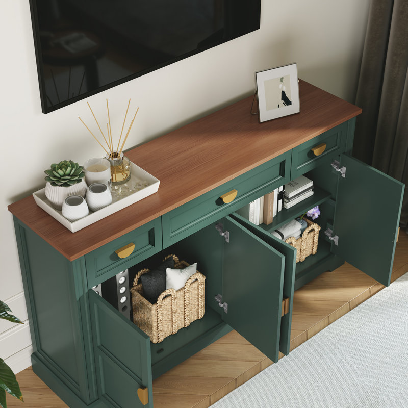 59'' W Sideboard with 3 Drawers, Mid-Century Style 4-Door Storage Cabinet, Green