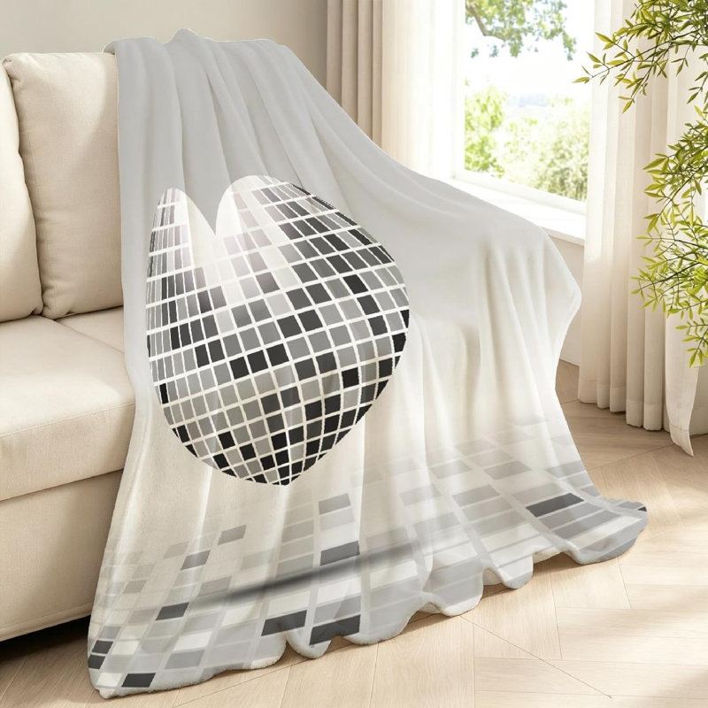 Jeté en molleton noir ultra doux en flanelle, symbole du cœur avec imprimé disco simple face, Throw 40" x 50"