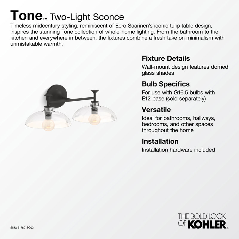 Tone 2 Light Indoor Bathroom Vanity Light Fixture, UL Listed, Matte Black