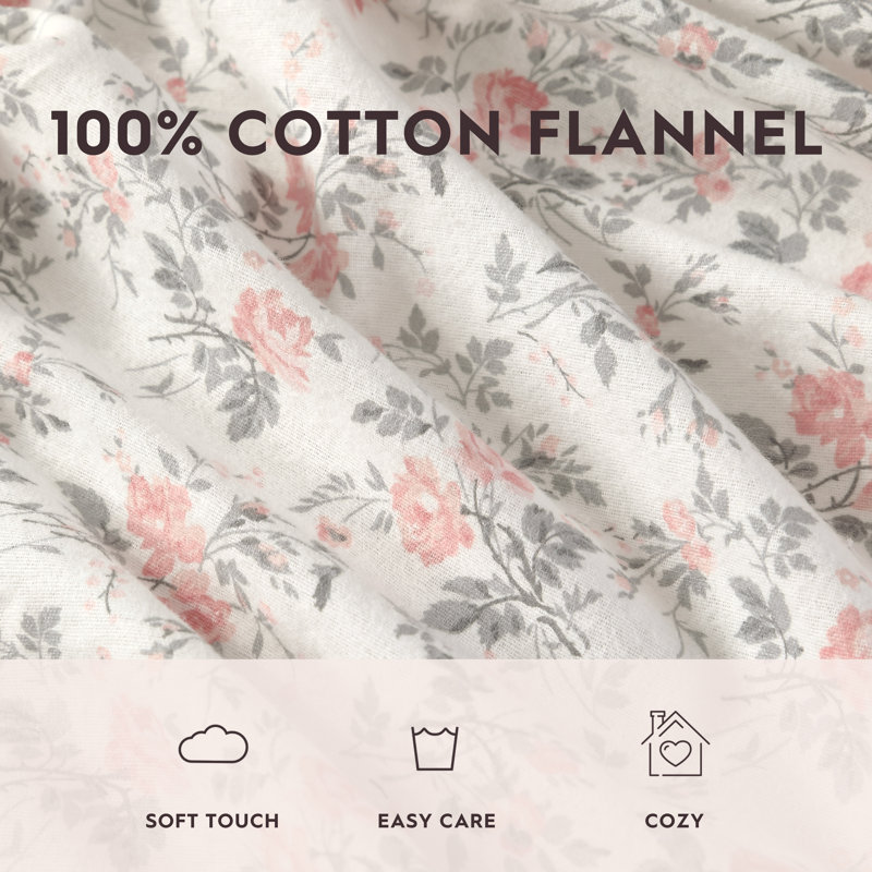 Rosalie Gray Floral Cotton Flannel Full Sheet Set