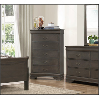 Meuble de chambre classique à 5 tiroirs au fini gris teinté classique de style Louis Philippe