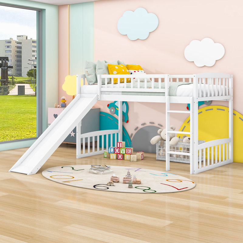 Greycen Twin Wooden Loft Bed with Slide and Slats by Harriet Bee, White