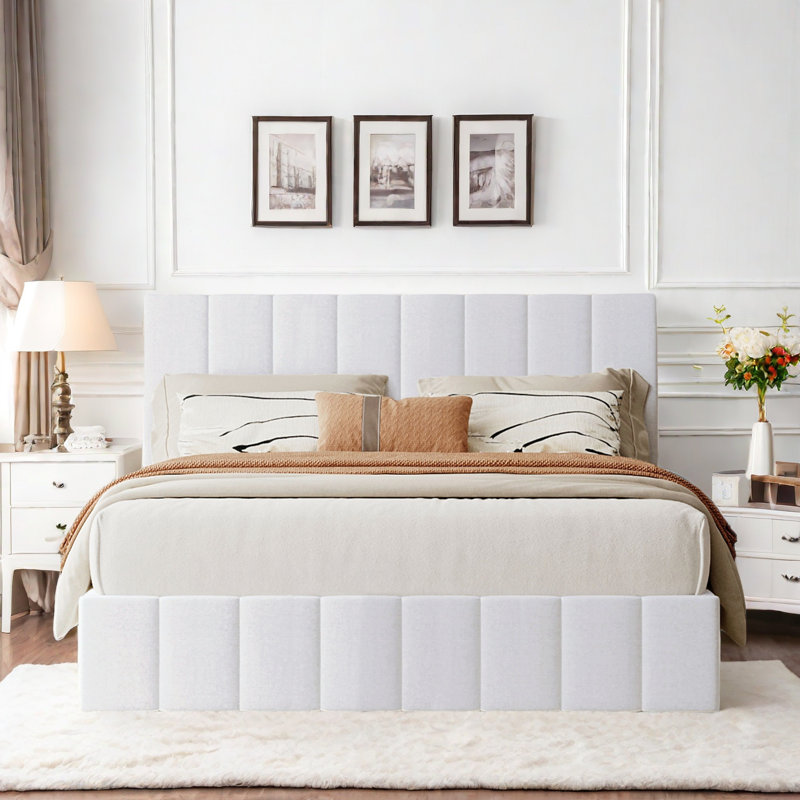 Upholstered Platform bed with a Hydraulic Storage System, White, Queen