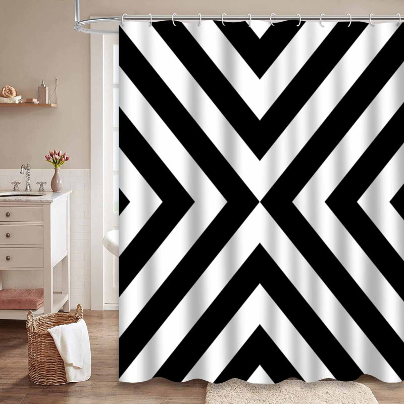 Rideau de douche sans couture rayé noir minimaliste avec 12 crochets, L 72 po x l 72 po