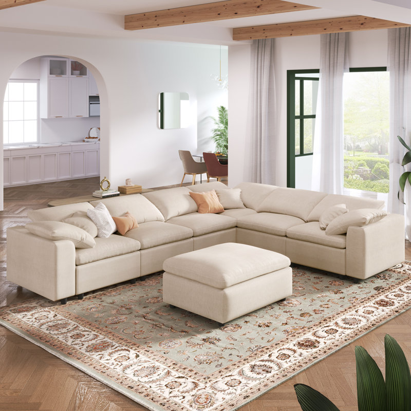 129" Extra-Wide Modular Sectional Sofa - 7-Seater Diamond Weave Polyester, Beige Duplicate 2