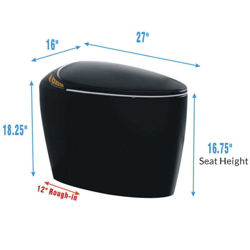 Unique Smart One-Piece Toilet With Bidet, Auto Seat, Foot Sensor, LED Display, Warm Water & Dryer, Black