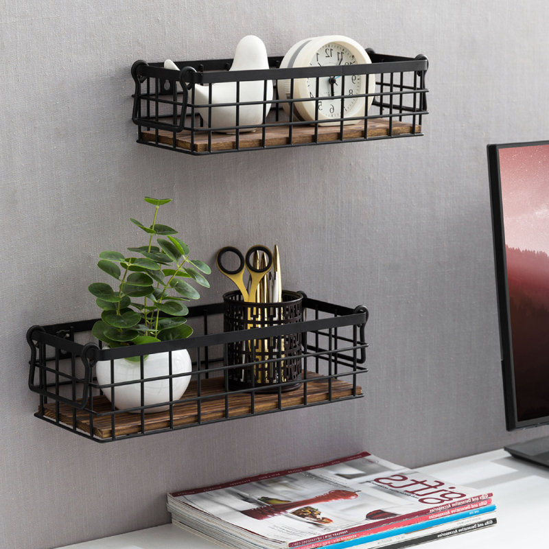 Rustic Black Metal Wire and Burnt Wood Rectangular Storage Baskets, Set of 2
