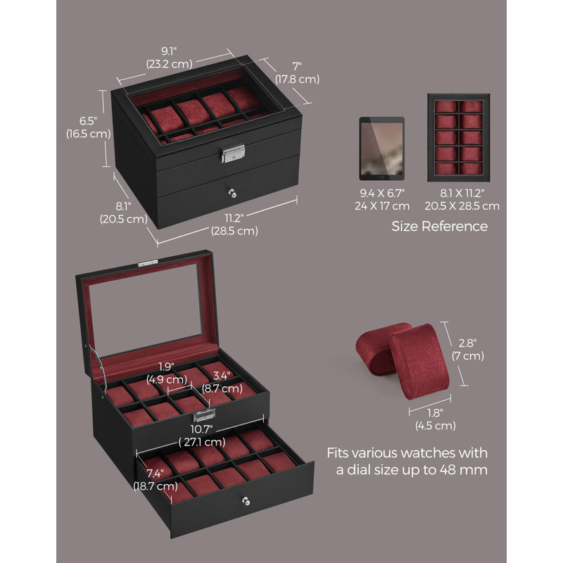 Medium Density Fibreboard Watch Box +, Black/Wine Red