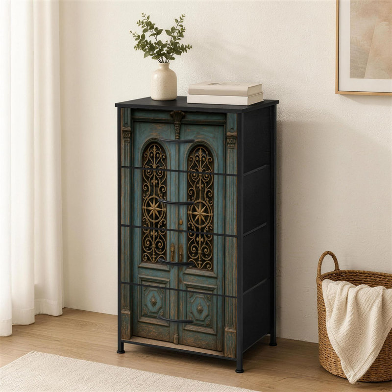 Petite commode à 4 tiroirs pour chambre à coucher avec porte bleue antique