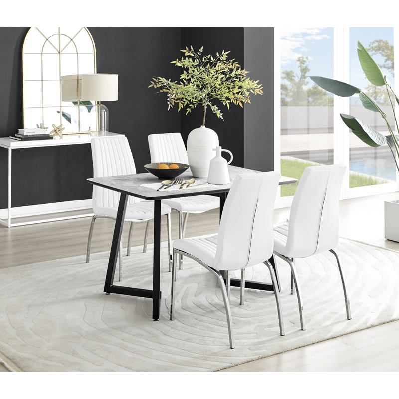 Industrial Design White & Grey Marble Effect Melamine Dining Table Set with 4 Faux Leather Chairs, White/Silver