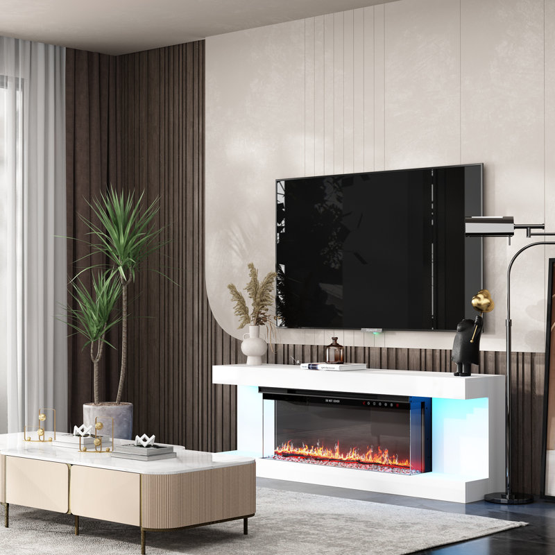 Modern TV Stand With Built-In Electric Fireplace, 66.5" Media Console With LED Lighting For Living Room Entertainment Center
