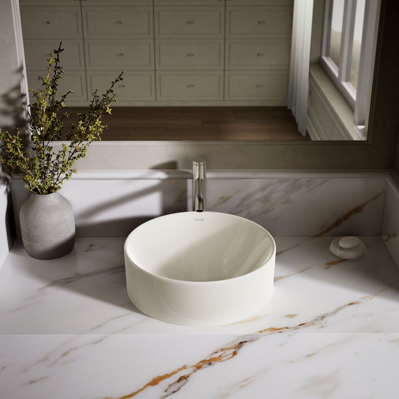 Vox® Vitreous China Circular Vessel Bathroom Sink with Overflow, Biscuit
