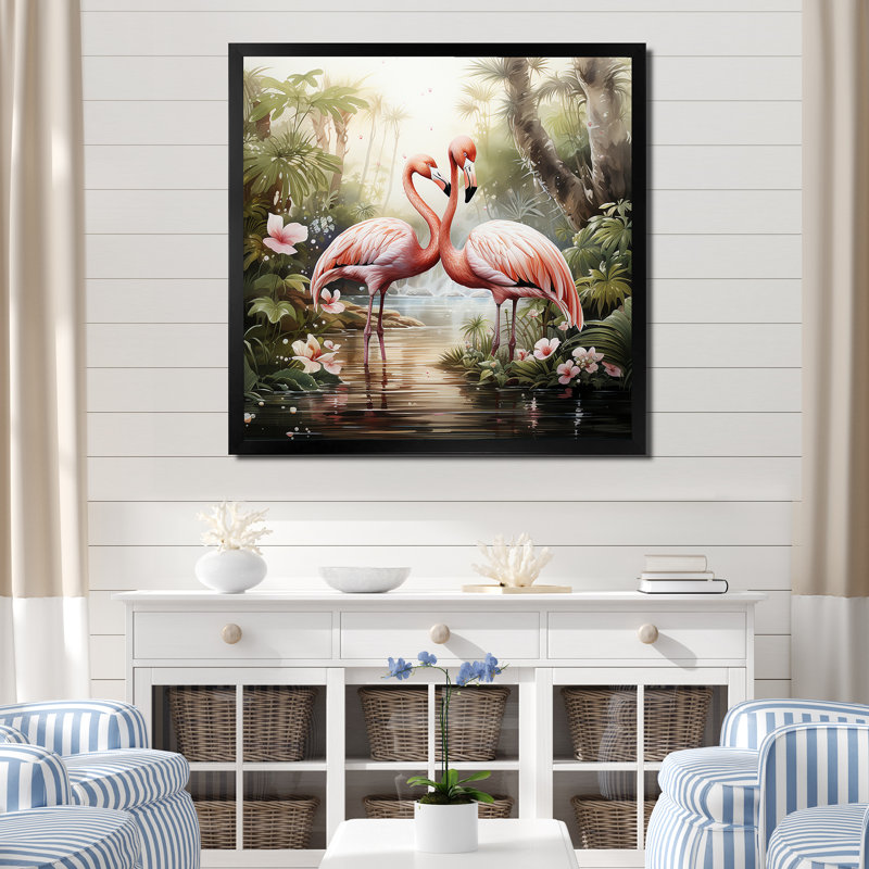 «Tropical Love», art mural flamants roses, Cadre photo noir, H 30 po x l 30 po x P 1,5 po