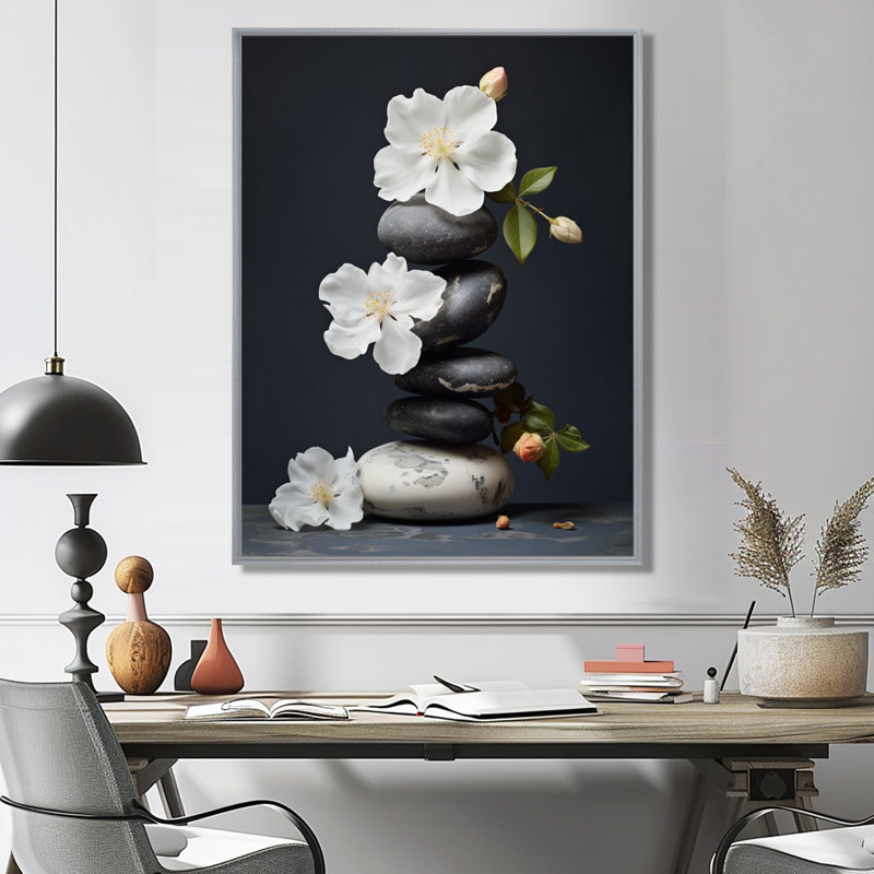 Décoration murale zen sérénité fleurs blanches pierre noire Cairn I - Pierre spirituelle, H 40 po x l 30 po x P 1,5 po