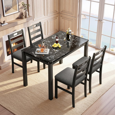 5-Piece Modern Farmhouse Dining Table Sets, Space-Saving Solid Wood Kitchen Dining Sets With Faux Marble Table & 4 Slat Back Linen Upholstered Chairs