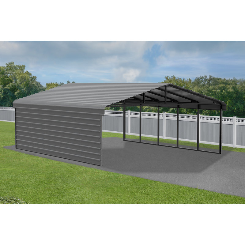 Charcoal Steel Carport Kit with 1-Sided Enclosure, 20' x 24'