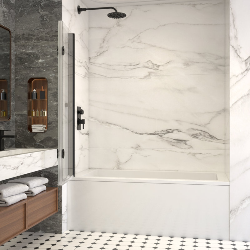 Oak 42" W X 55" H Frameless Bi-Fold Folding Tub Door With Clear Glass, Matte Black