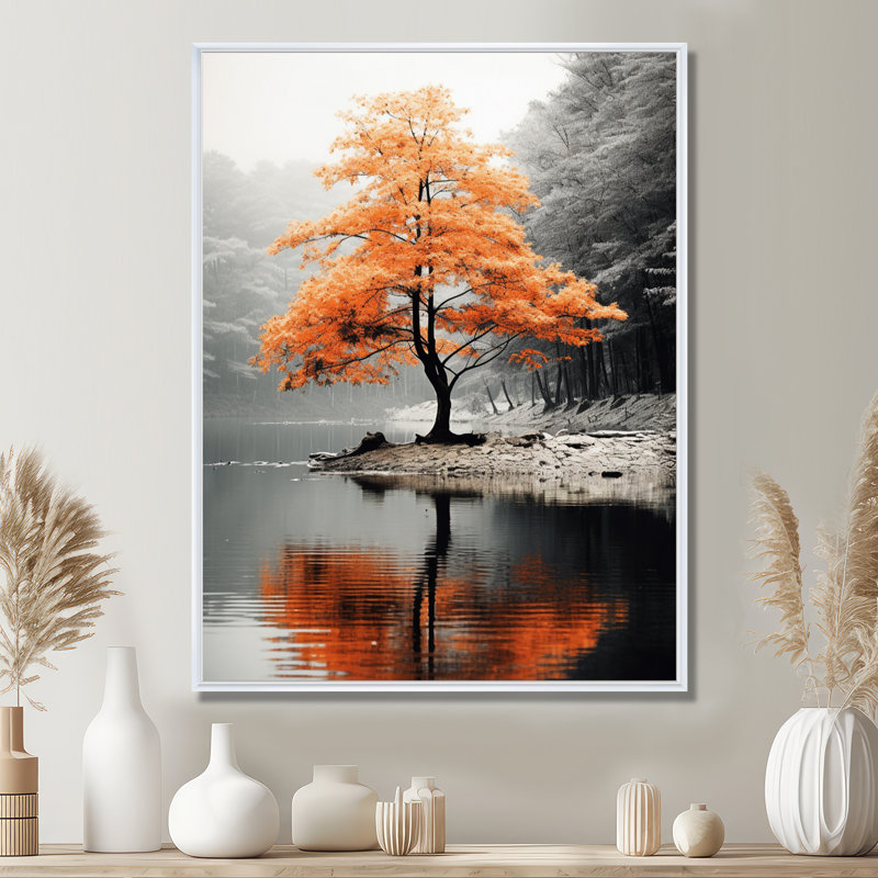 «Orange and Gray Forest Autumn Elegance II», art sur toile Forêt, Reproduction avec cadre flottant, H 40 po x l 30 po, Blanc