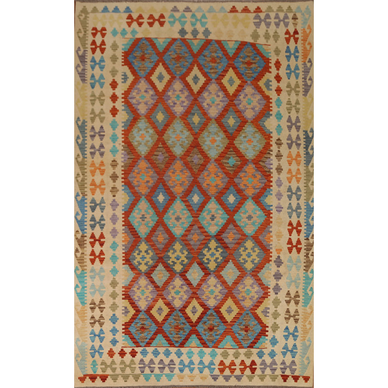 Tapis bleu / rouge / beige oriental en laine tissé à plat à la main 6 pi 9 po x 9 pi 8 po