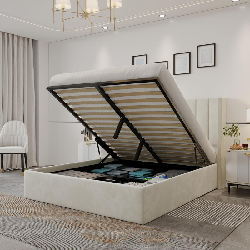  Oliver Contemporary Mid-Century Soft Padded Tufted Upholstered Platform Storage Bed with Hydraulic Gas Lift Storage - Wood Slat System & Smart Hydraulic Under-Bed Storage