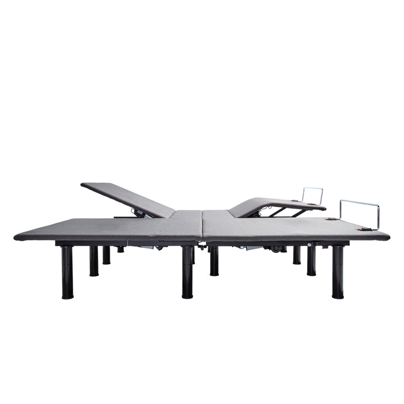 Base de lit réglable pour très grand lit divisé - Tête / pied levé, moteur silencieux, pile de secours, télécommande sans fil, 1 plat, 2 réglages de mémoire, lampe de poche sur la hauteur des pieds (12 po 8 po 4 po), tissu noir + support silencieux en métal