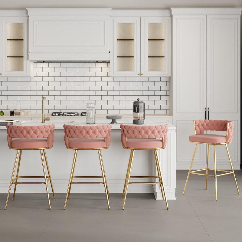 Bar Stools Set Of 4 Counter Height Velvet Upholstered Morden Barstools With High Backs 4 Metal Legs Chair For Kitchen Island Dining Room Bar