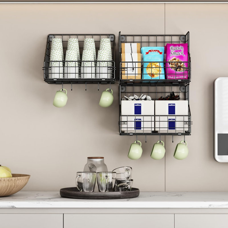 Organisateur de casse-croûte empilable à 3 niveaux avec 5 crochets, panier de rangement mural en fil métallique, multi-usage pour rangement de garde-manger et support à collation et rangement de cuisine