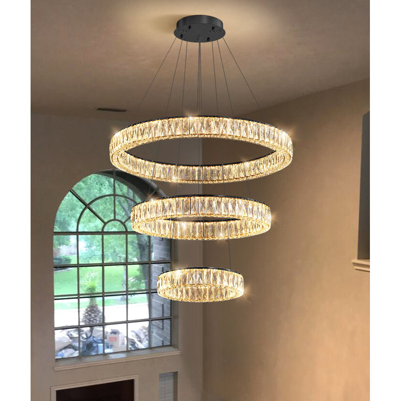 Large Dimmable Chandelier Led Crystal Rings, Matte Black, 78" H x 31.4" W x 31.4" D