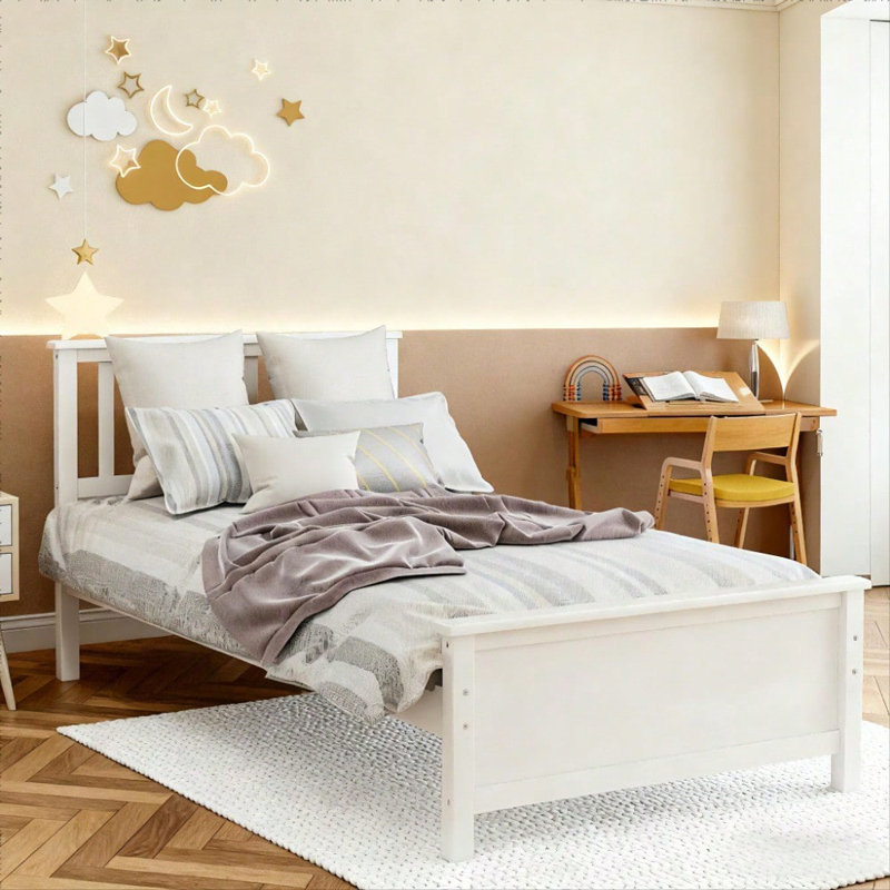 Twin Size Wood Platform Bed with Headboard and Footboard, Complete Bed Frame Set with Solid Wood Slat Support, No Box Spring Needed, White Finish,Mattress not included（Mattress not included）