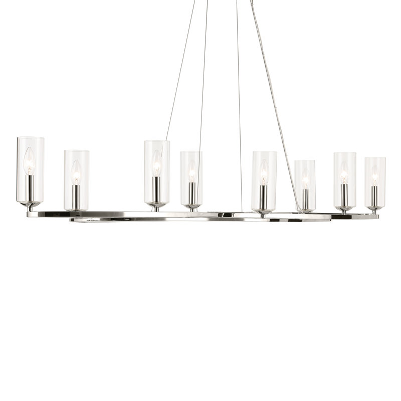 Curved Modern Chandelier with Clear Cylinder Glass, 8.75" H x 16.25" W x 52.5" D, Polished Nickel, 8