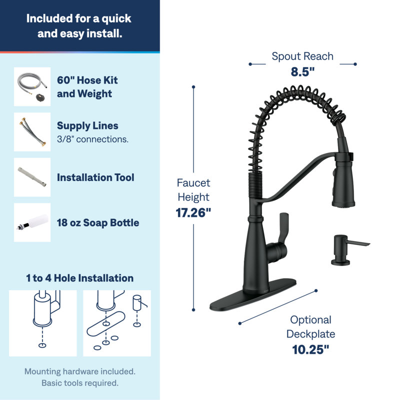 MOEN Nolia Single-Handle Pre-Rinse Spring Pulldown Sprayer Kitchen Faucet with Power Boost in Matte Black, Matte Black